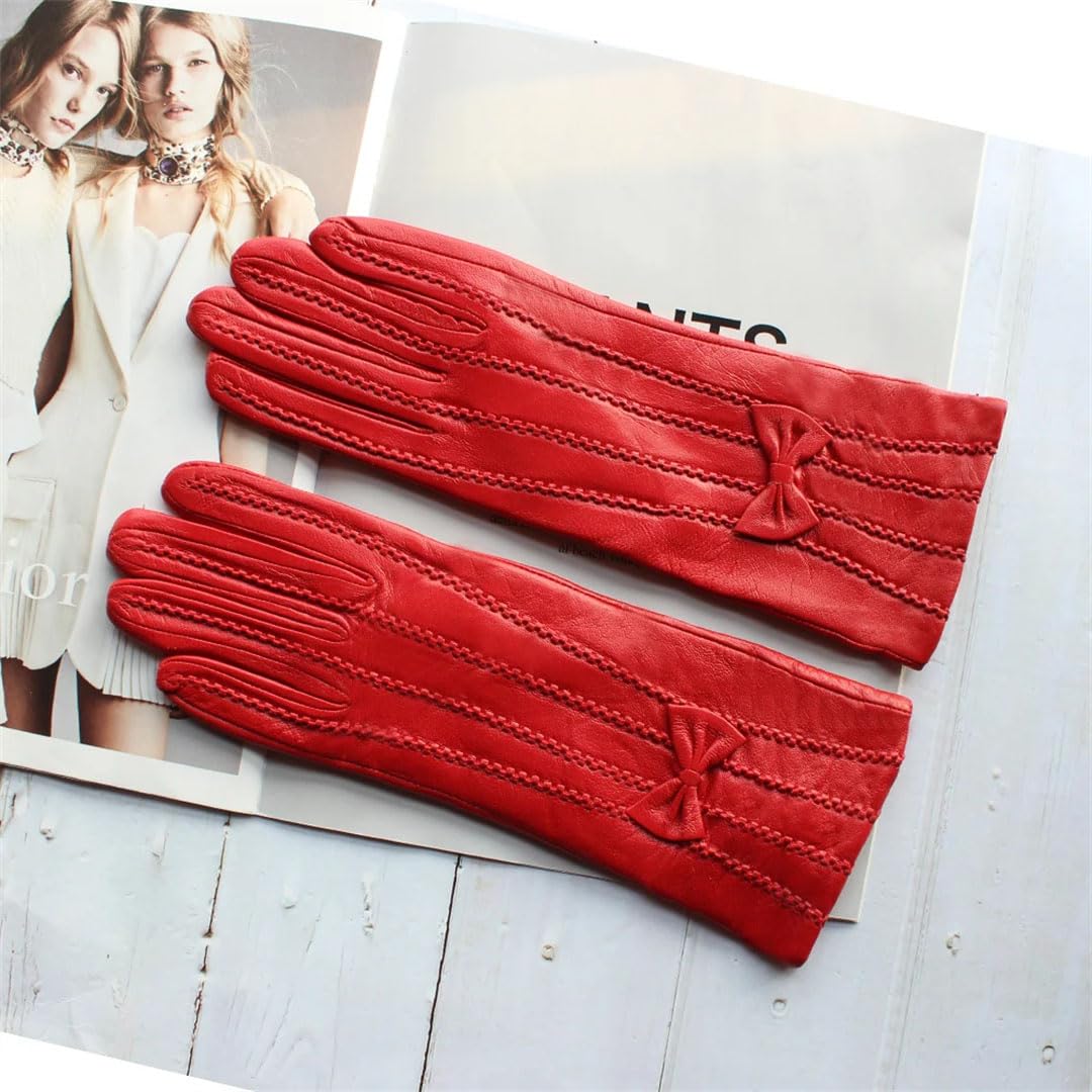 Damen Winter Style Leder Schaffell Handschuhe Mittellange Streifen Plus Fleece Warme Handschuhe Dunkelbraun 7 12