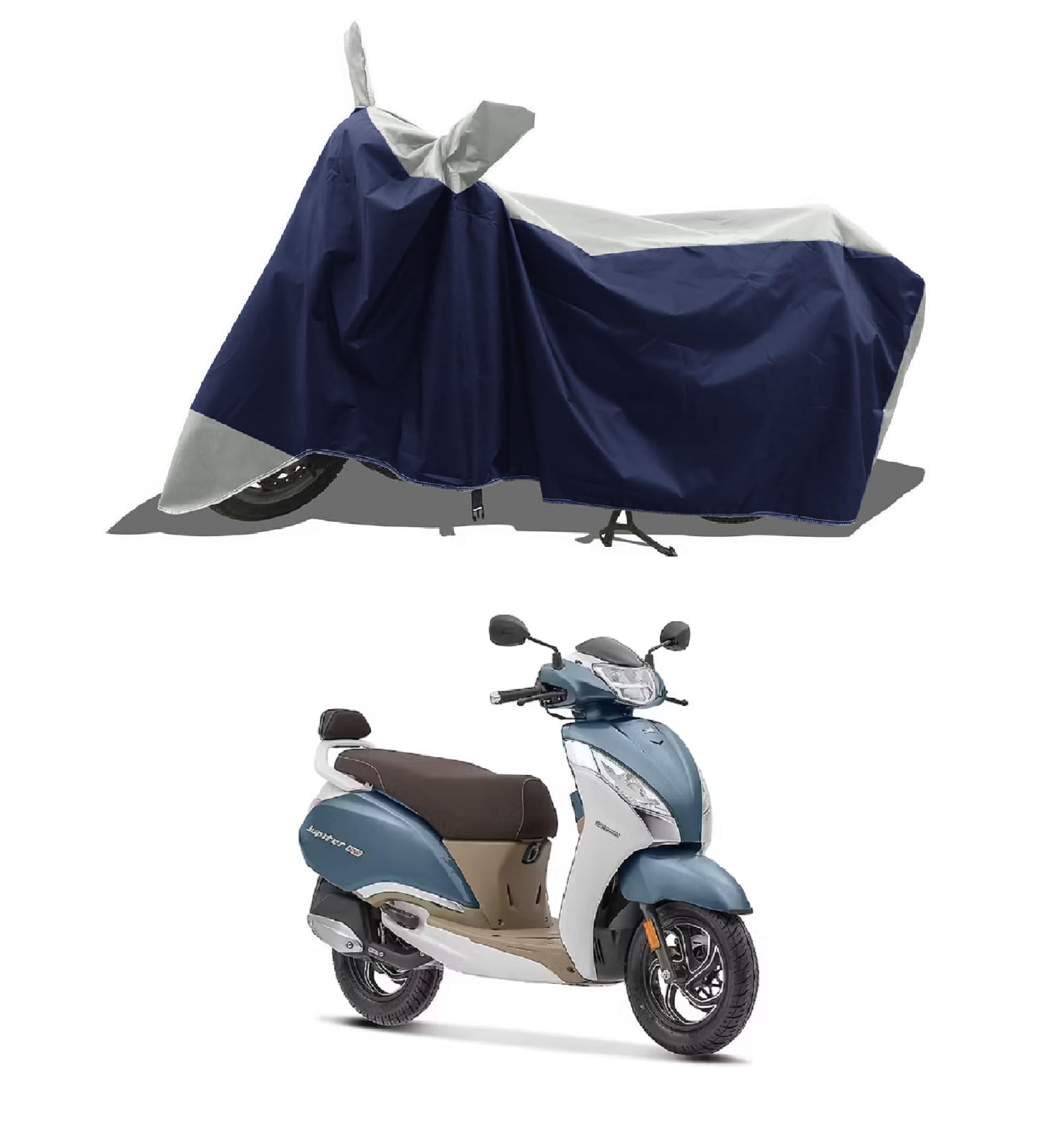 All Weather Protection Bike Cover for TVS Jupiter 125 DT SXC Scooty Bike Cover with Water-Resistant and Dust Proof Premium 190T Fabric_Grey Stripe with Navy Body-picture-32