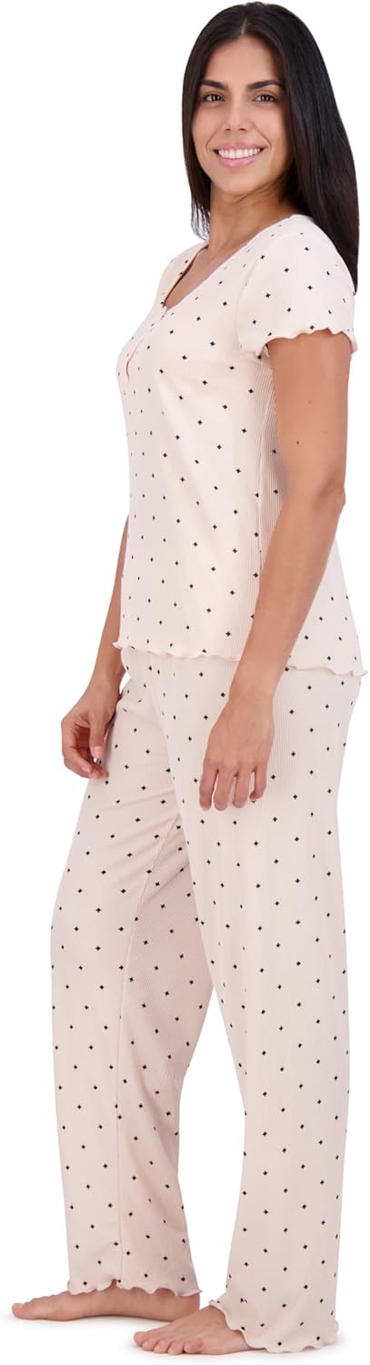 Aerosoles Women's Printed Waffle Henley Cozy Pjs 2 Piece Cozy Comfy Soft Lounge Cotton Sleepwear Button-up Pajama Set, Diamond Dots, Large - Image 5