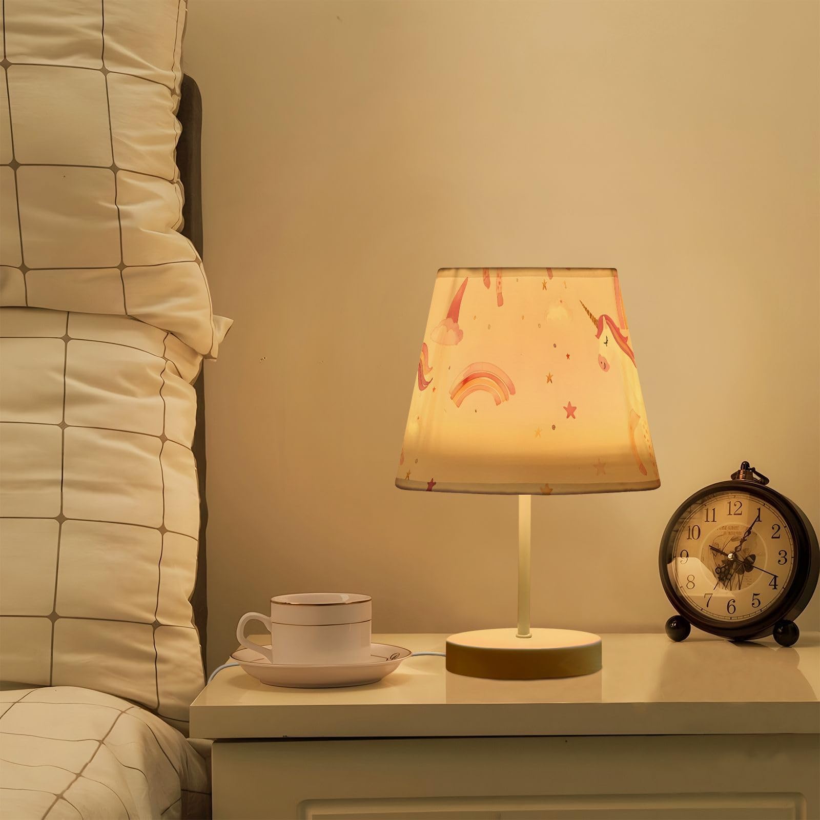 Mnsruu Lampe de chevet licorne arc-en-ciel cheval rose lampe de table ampoules LED lampe de bureau abat-jour en tissu pour chambre à coucher salon taille M