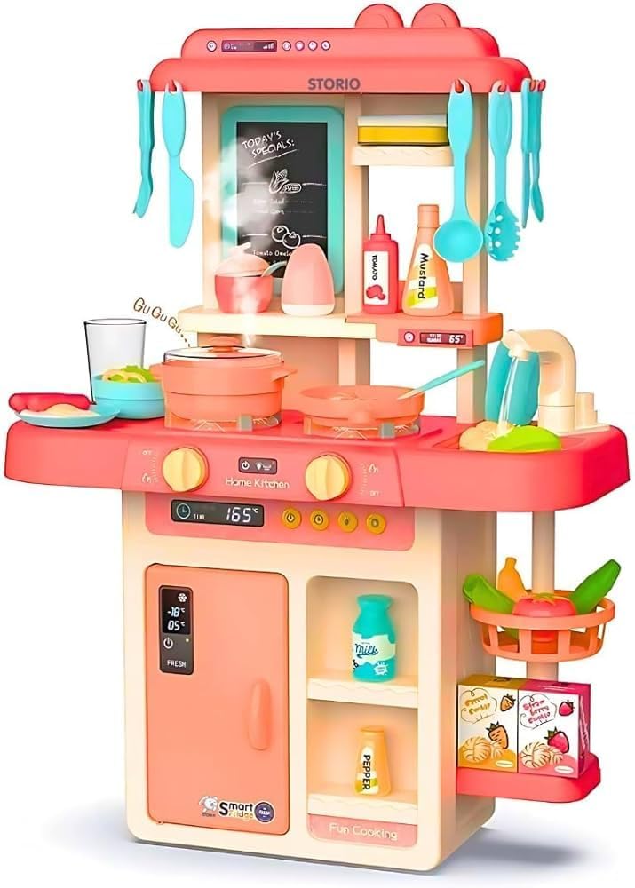 Storio Toys Kitchen Set for Kids Girls Big Cooking Set Light and Sound Pretend Play Toy Battery Operated with Accessories, acrylonitrile butadiene styrene, Pink