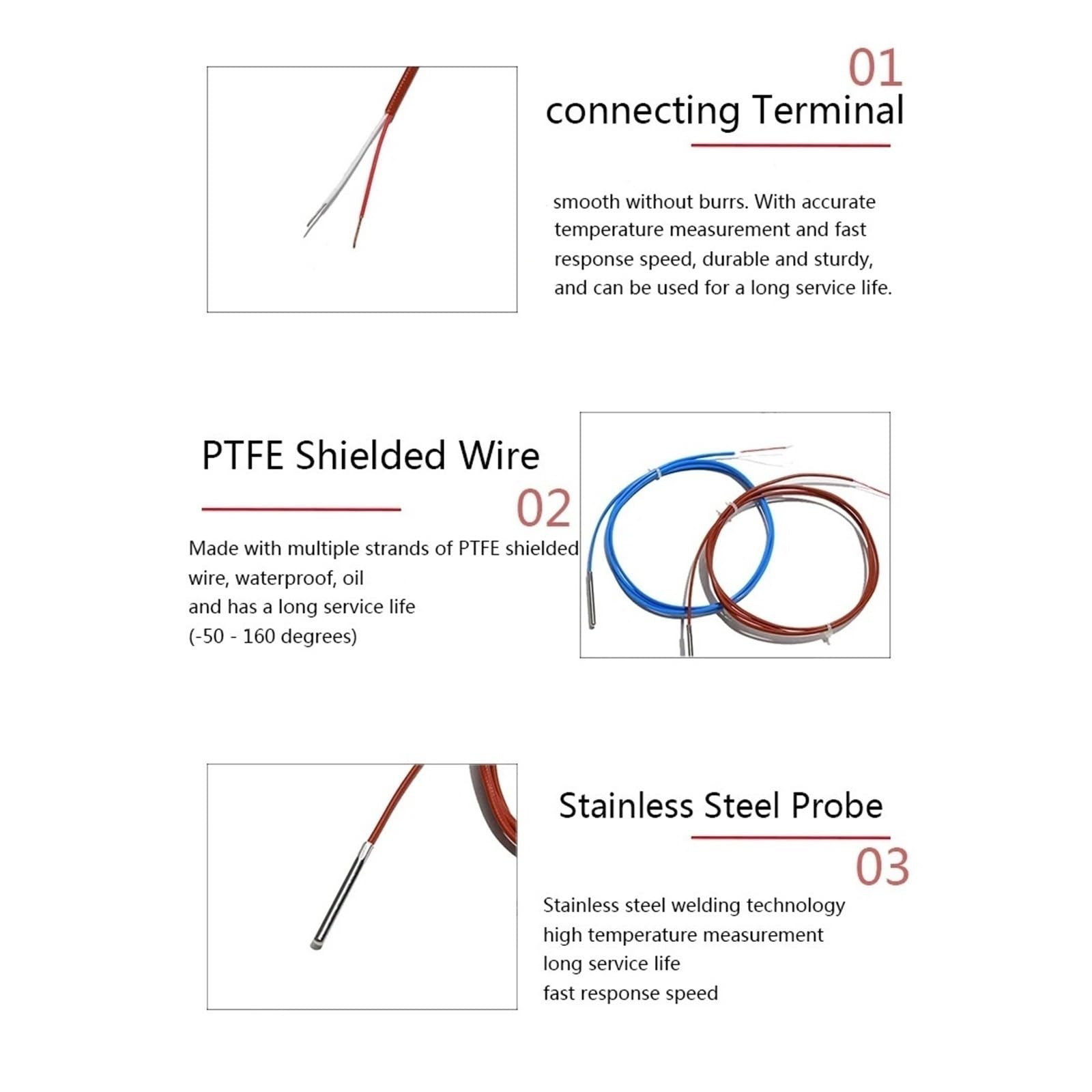 Czujnik temperatury cieczy typu K/T, wodoodporny czujnik temperatury (2 x 10 mm do 3 x 100 mm), kabel 1-3 m, termopara zanurzeniowa (typ T, 2 x 10 mm - 1 m)