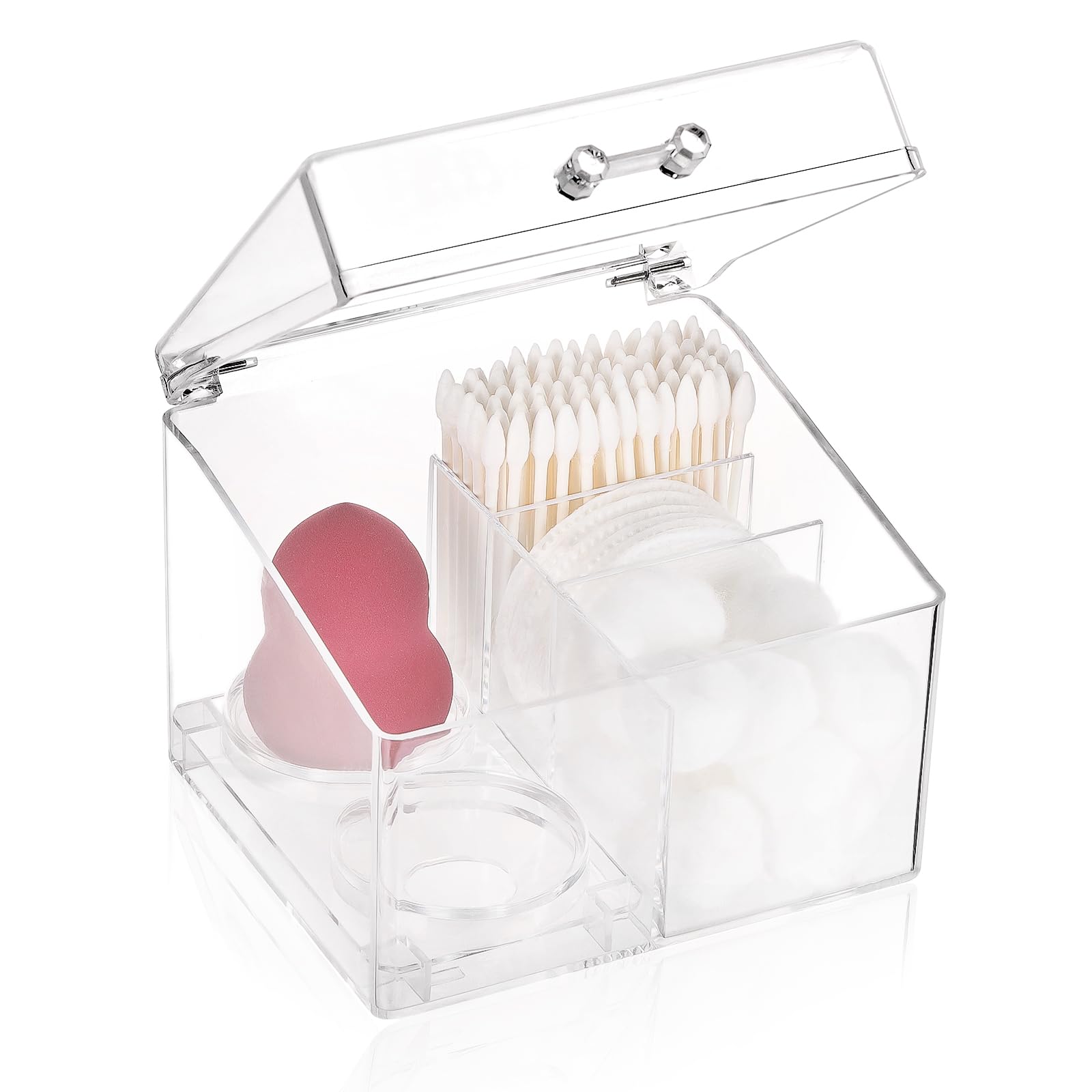 Tbestmax 4-Grid Qtip Holder, Clear Cotton Ball Swab Sponge Blender Organizer Bathroom Canister Makeup Pad Cosmetic Storage