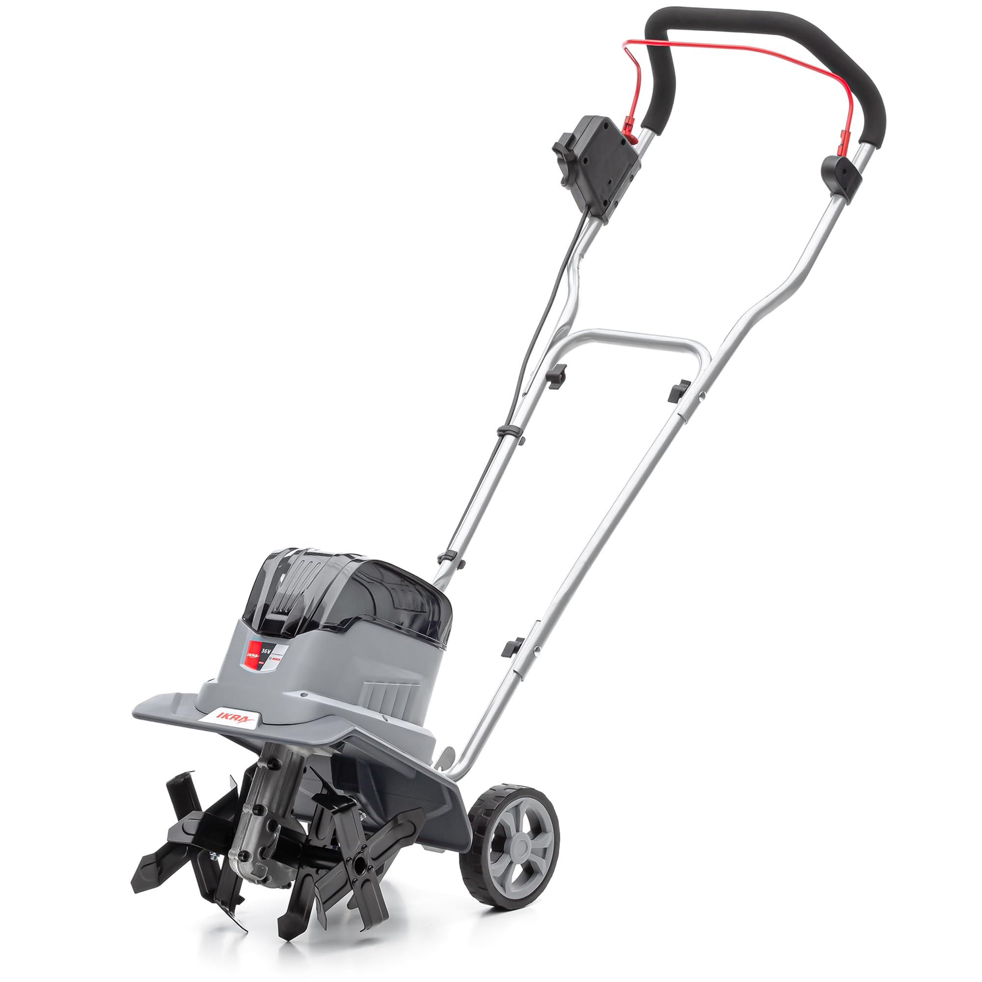 IKRA Bodenhacke Motorhacke IB-TC 36, ohne 36V Akku & Ladegerät | Kompatibel mit Bosch, bürstenloser Motor, 2 Arbeitsbreiten 18-30 cm, Arbeitstiefe bis 20cm, inkl. Bremssporn & Transporträder