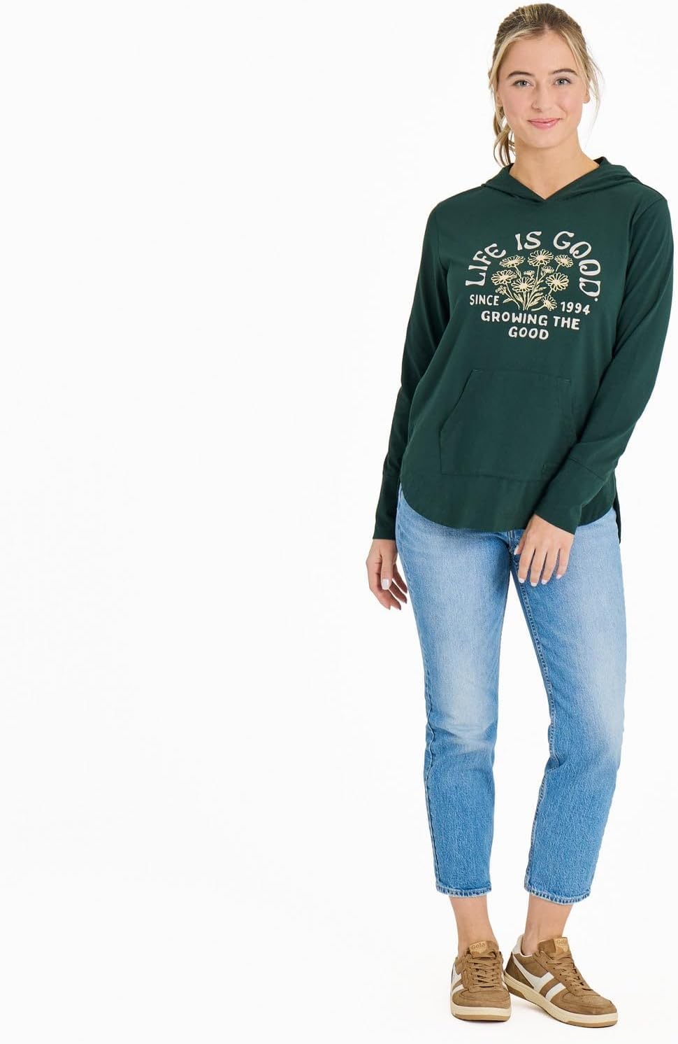 Life is Good Women's Growing the Good Daisies Crusher-FLEX Hoodie Tunic, Treeline Green