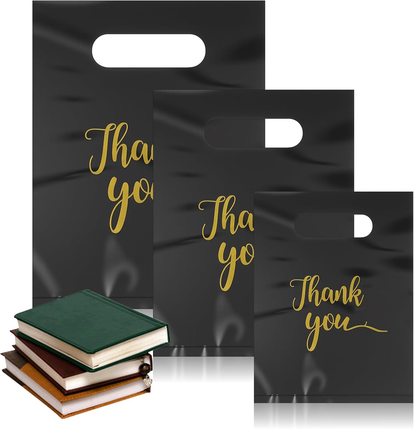 300 Pcs Black Thank You Merchandise Bags, 3 Size Plastic Shopping Gift Bags with Handles, Extra Thick Reusable Packaging for Retail, Boutique, Business, Party, Gifts