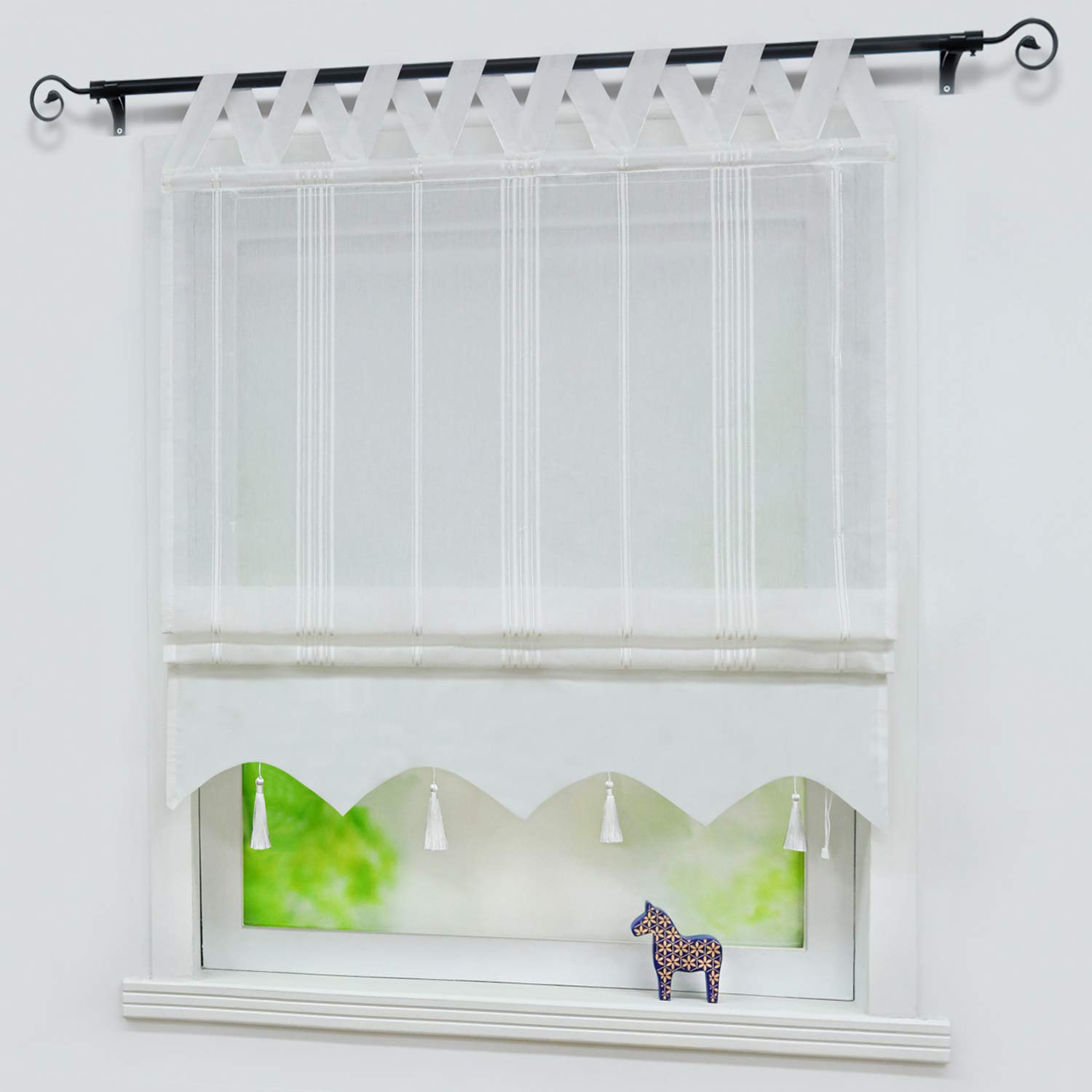 Joyswahl Catrin Store Romain à Passant en V Passe Tringle avec Frange à Pompon Transparent Rideau Voilage Décor pour Fenêtre de Chambre Cuisine Salle de Bain 1 Pièce Blanc LxH 140x140CM