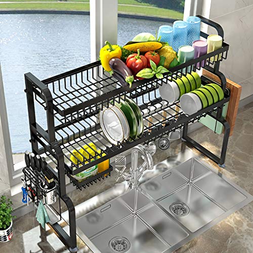 Escurridor de platos de cocina de 2 niveles, acero inoxidable 304, gran capacidad, incluye soportes para utensilios, color negro (para fregaderos de menos de 32 pulgadas)