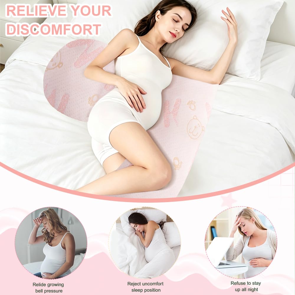 Almohada de embarazo ajustable, almohada de embarazo para dormir, almohada de embarazo de espuma viscoelástica para abdomen, espalda, ajustable y portátil para dormir de lado (oso rosa)