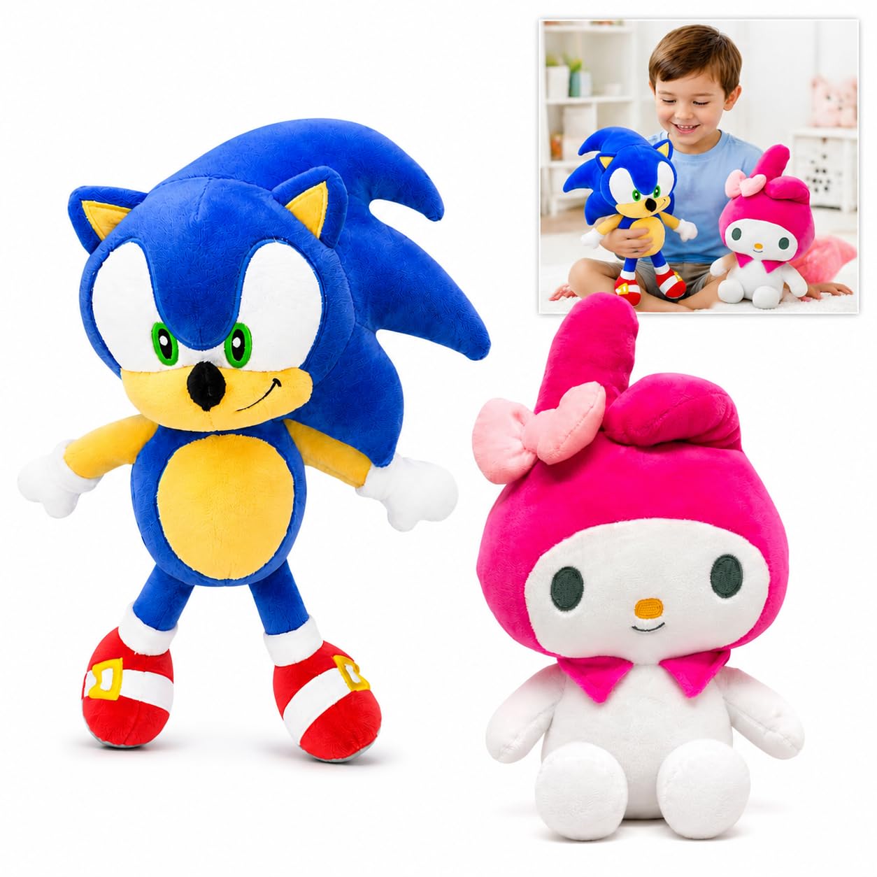 Hello Kitty My Melody & Sonic Plush Toy Set, 30cm Soft Stuffed Teddy Bundle for Kids, Collectors & Gamers, Gift for Boys & Girls Ages 4+