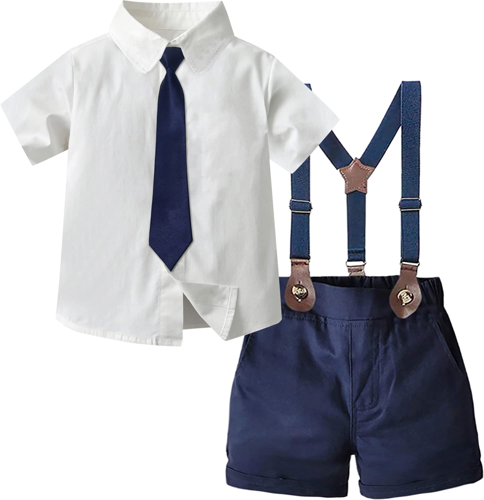 SANGTREEBoys Summer Clothes Set, 2pcs Short Sleeve Button Down Shirt with Tie + Suspender Shorts Kids Dress Outfits, Tie - White Navy, 9-12 Months = Tag 70, Tie - White Navy, 9-12 months