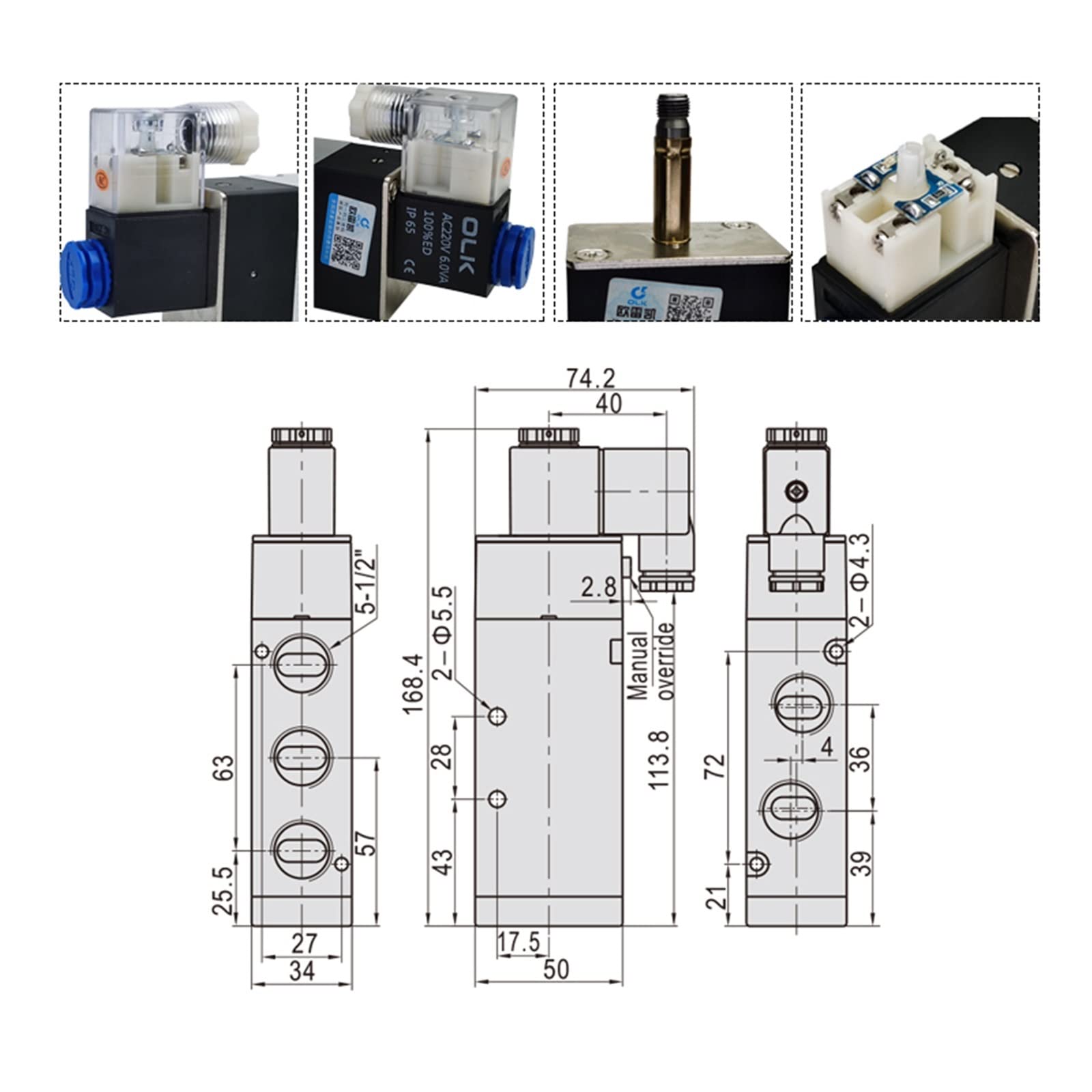 Pneumatyczny zawór elektromagnetyczny 4V410-15, 5-drożny, 2 pozycje, kontrola powietrza i gazu, zawór magnetyczny 12 V 24 V 220 V, cewka woltowa (z przyłączami 12 mm, AC220V)
