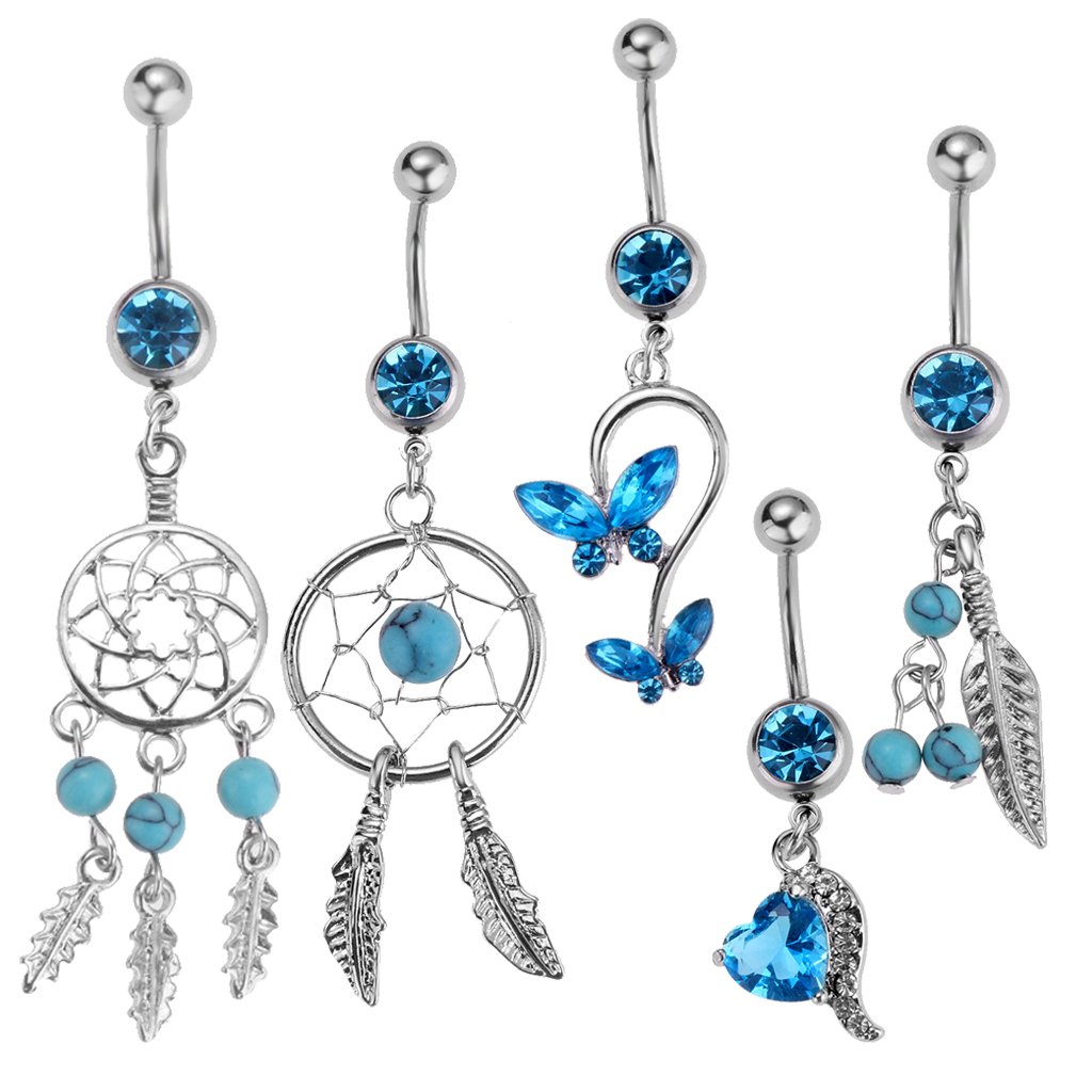 Piercing para ombligo con diseño de atrapasueños, mariposa, hoja, corazón, 5 unidades