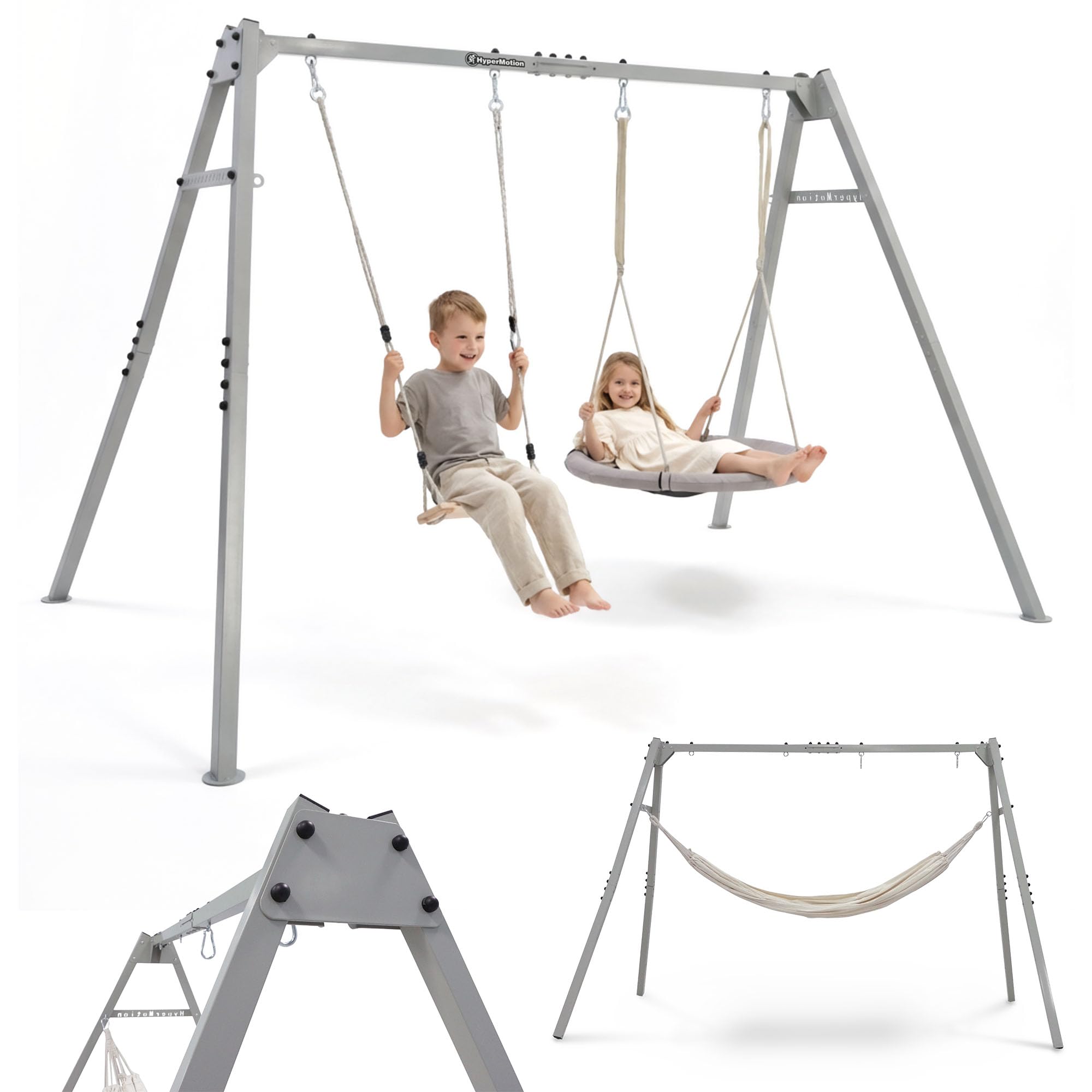 HyperMotion 4-in-1 Gartenschaukel Set aus Legiertem Stahl und Polyester, Pulverbeschichtet in Grau, mit Hängematte, Schaukelsitz und Vogelnest, 310 × 180 × 192 cm