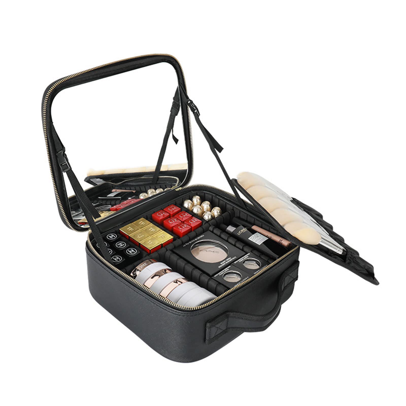 Timisea Neceser portátil de viaje, bolsa de maquillaje con espejo, bolsa de maquillaje para mujer con bolsillo para pinceles y divisor ajustable, organizador profesional de maquillaje, Negro