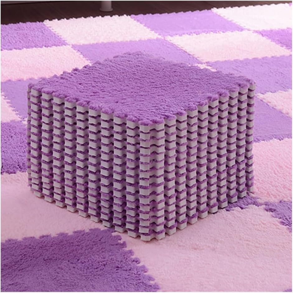 12 Pcs Thick Interlocking Fluffy Tiles Plush Puzzle Foam Floor Mat with Border Square Rug Split Joint Soft Climbing Carpet Mats Shaggy Area Rug for Room Floor Fuchsia
