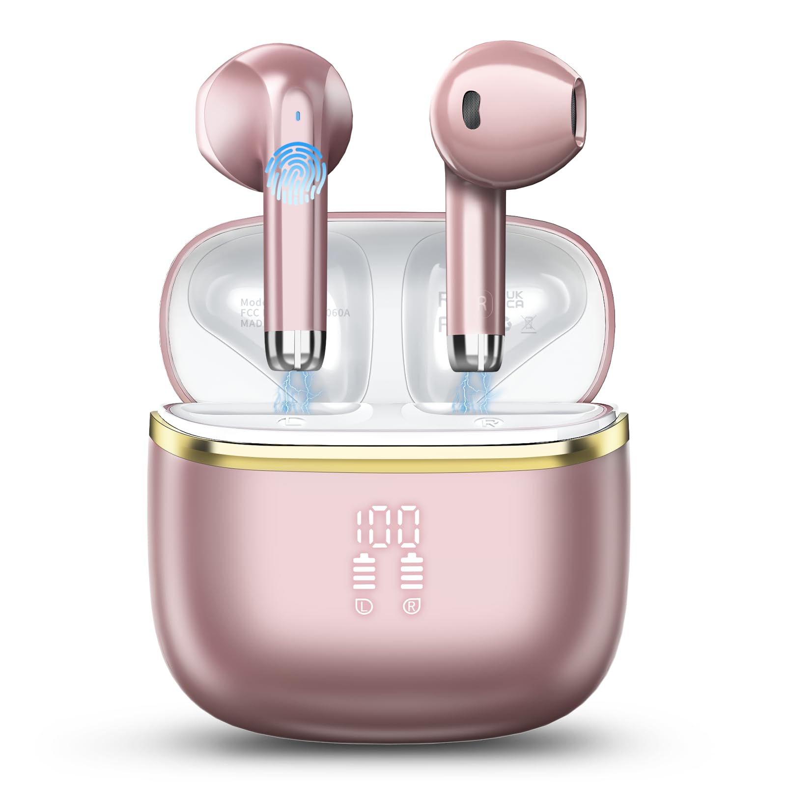 Wireless Earbuds, Bluetooth 5.3 Headphones with 4 ENC Noise Cancelling Mic, HiFi Stereo Deep Bass, IP7 Waterproof Bluetooth Earphones, 40H Playtime, Bluetooth Earbuds Dual LED Display, USB-C, Rose