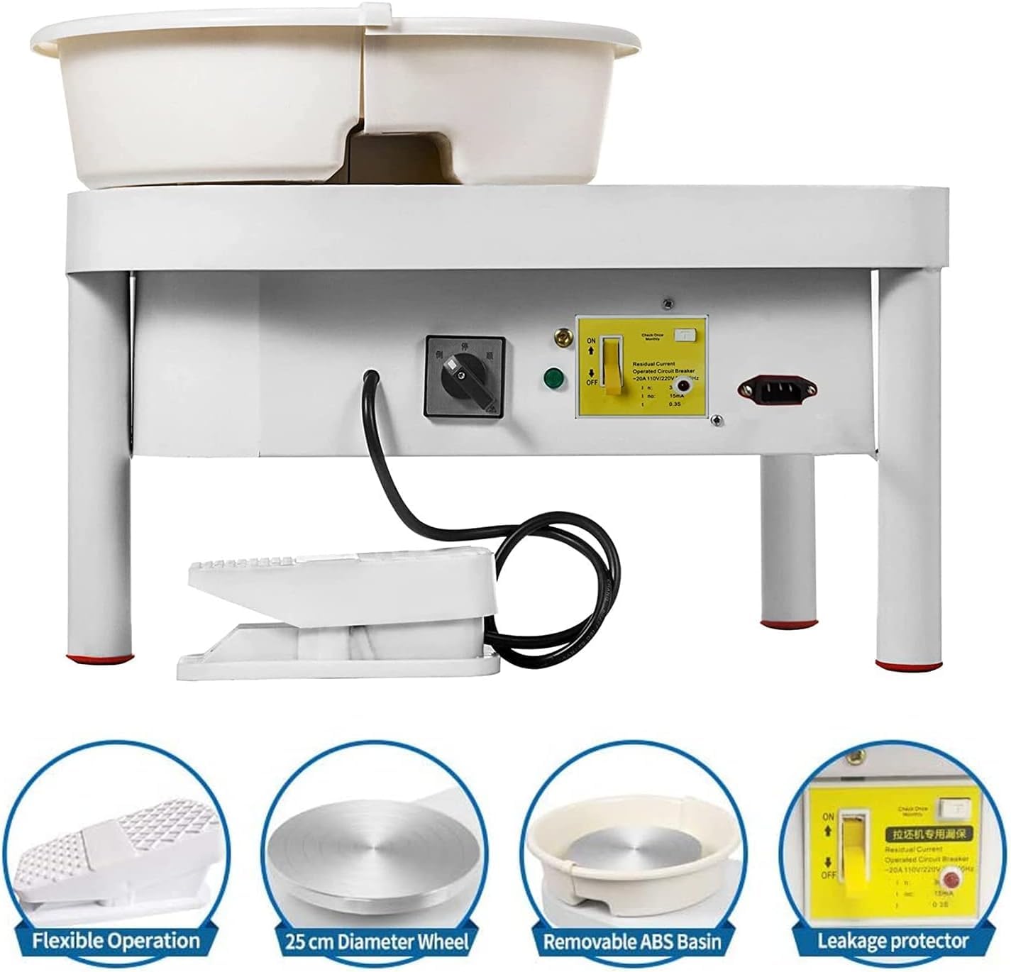 NArra Rueda de cerámica eléctrica de 25 cm, 350 W, rueda de cerámica para adultos, principiantes, manualidades de cerámica con pedal y patas para clases escolares, barra de alfarero, uso doméstico