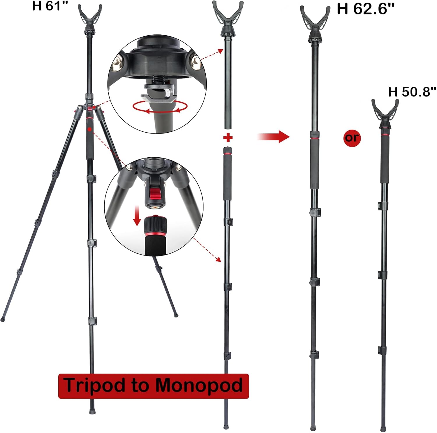 Adjustable Shooting Tripod for Rifles Shooting Stick Level-Lock 3-in-1 Tripod Monopod Bipod, 22.8″-61″ Height, Lightweight Aluminum Alloy with Carrying Bag, Stable Rifle Rest for Hunting & Outdoor - Image 2