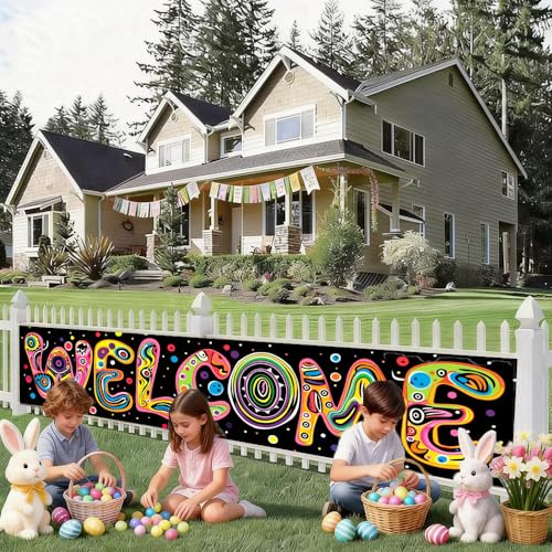 Image of Welcome Outdoor Banner 78.7 x 17.7 Inch Colorful Letter Design with Bright Dots Artistic Large Hanging Decoration for Porch Fence or Garden Outdoor Event Party Display Home Entrance Decoration