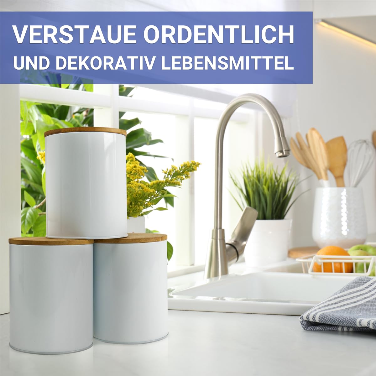 Brotkasten Brotaufbewahrung mit Bambusdeckel & Schneidebrett, inkl. 3-er Set Vorratsdose Aufbewahrungsdosen Frischhaltedosen zur Lebensmittelaufbewahrung Weiß