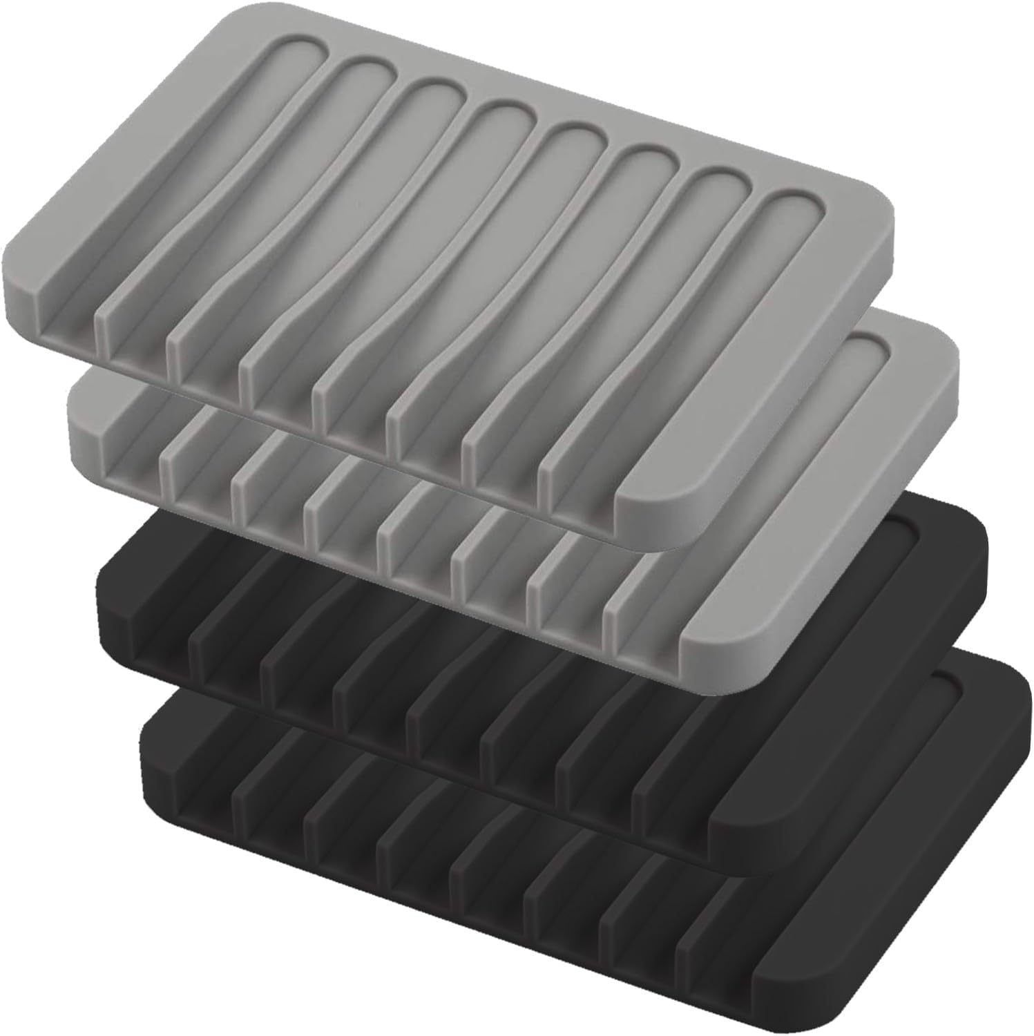 Self Draining Soap Dishes, 4 Pcs Silicone Waterfall Drainer Soap Holder for Bathroom, Extend Soap Life Keep Dry Clean & Easy Cleaning (Black & Grey)