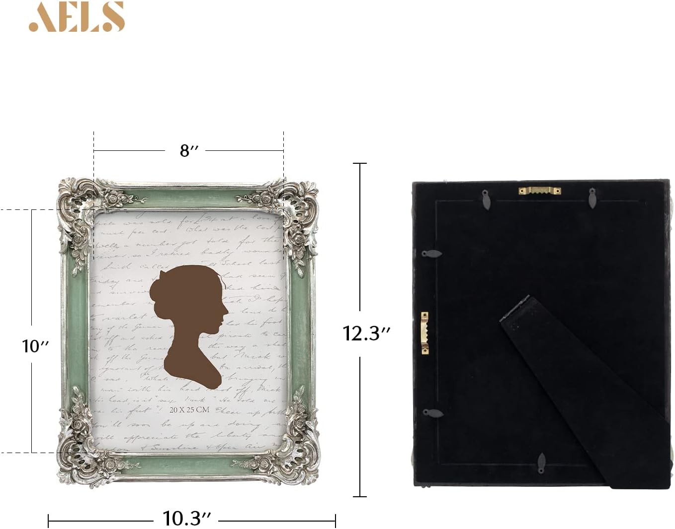 AELS 8x10 Inch Vintage Picture Frame, Elegant Antique Photo Frames with Glass Front, Photo Display, Tabletop Wall Hanging, Gift Ideas, Silver and Green