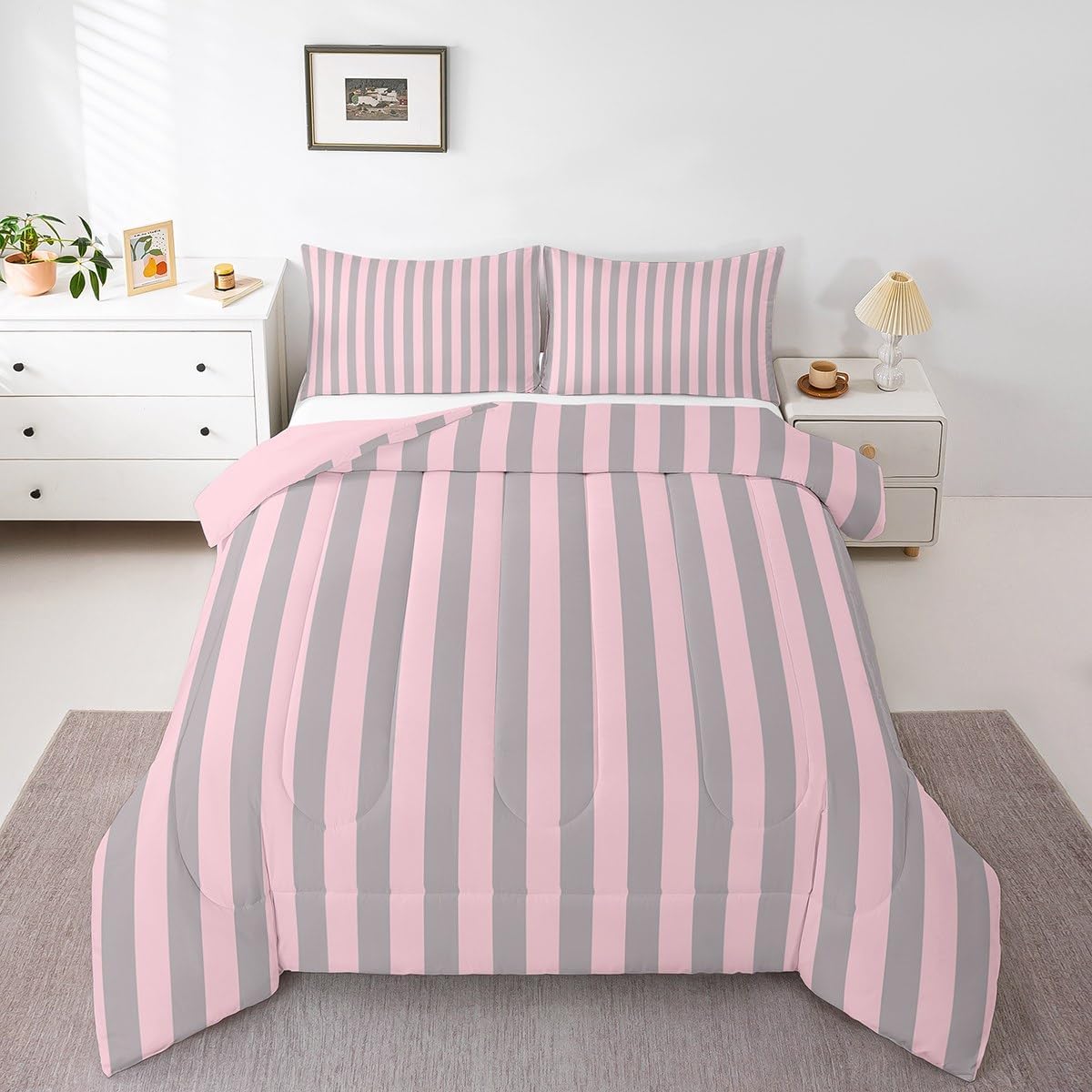 jejeloiu Light Pink Duvet Quilt Stripes Geometric Bedding Set for Kids Boys Girls Teens Room Decor Modern Comforter Set Queen Size Luxury 3Pcs Breathable Soft Lightweight Microfiber
