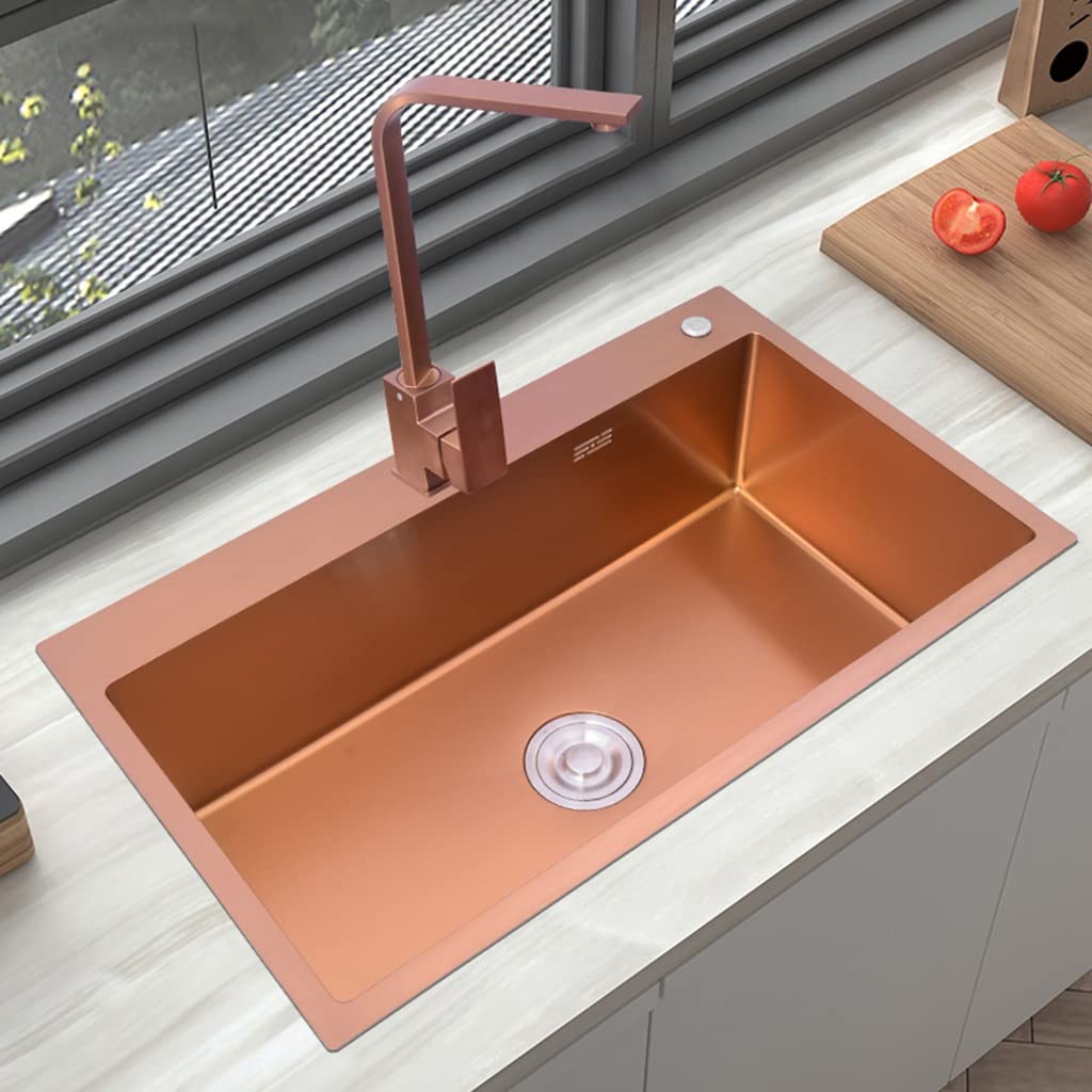 Cucina Bar Lavello a vasca singola Piscina per lavastoviglie in metallo in acciaio inossidabile con rubinetto quadrato ispessito e cestello di scarico Montaggio superiore o sottopiano (Oro rosa 45x4