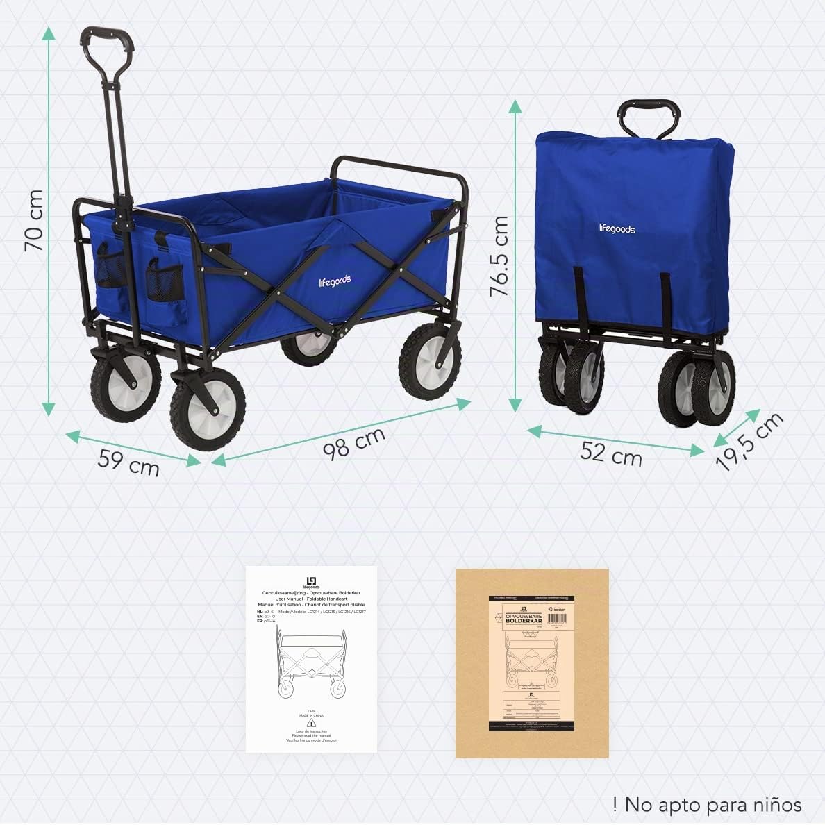 LifeGoods Carro Playa Ruedas Grandes - Carrito Plegable - Jardin - Ruedas Giratorias - 2 Soportes - Capacidad De Carga 70KG - Azul