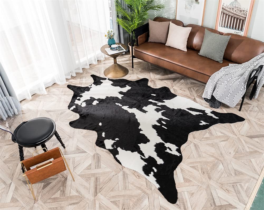 Grand tapis imprimé vache noir et blanc, tapis en fausse peau de vache pour la maison, 158 x 220 cm/1,6 x 2,2 m