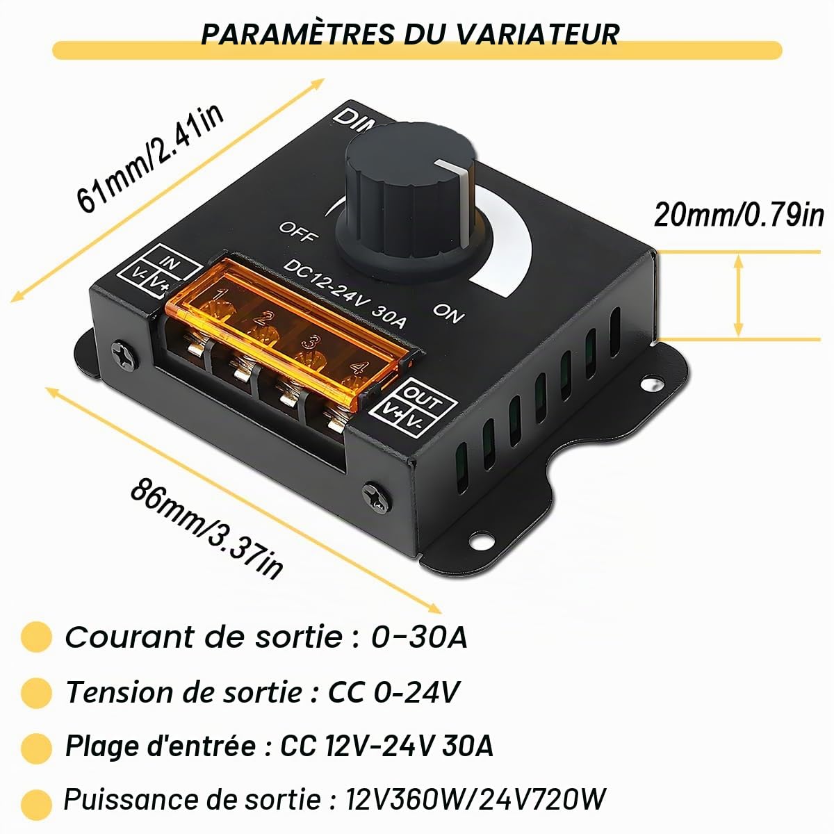 Commutateur variateur LED PWM 12 V-24 V CC 30 A, commutateur Marche/arrêt avec Gradation à fréquence réglable pour Bande LED Monochrome, boîtier en Fer galvanisé