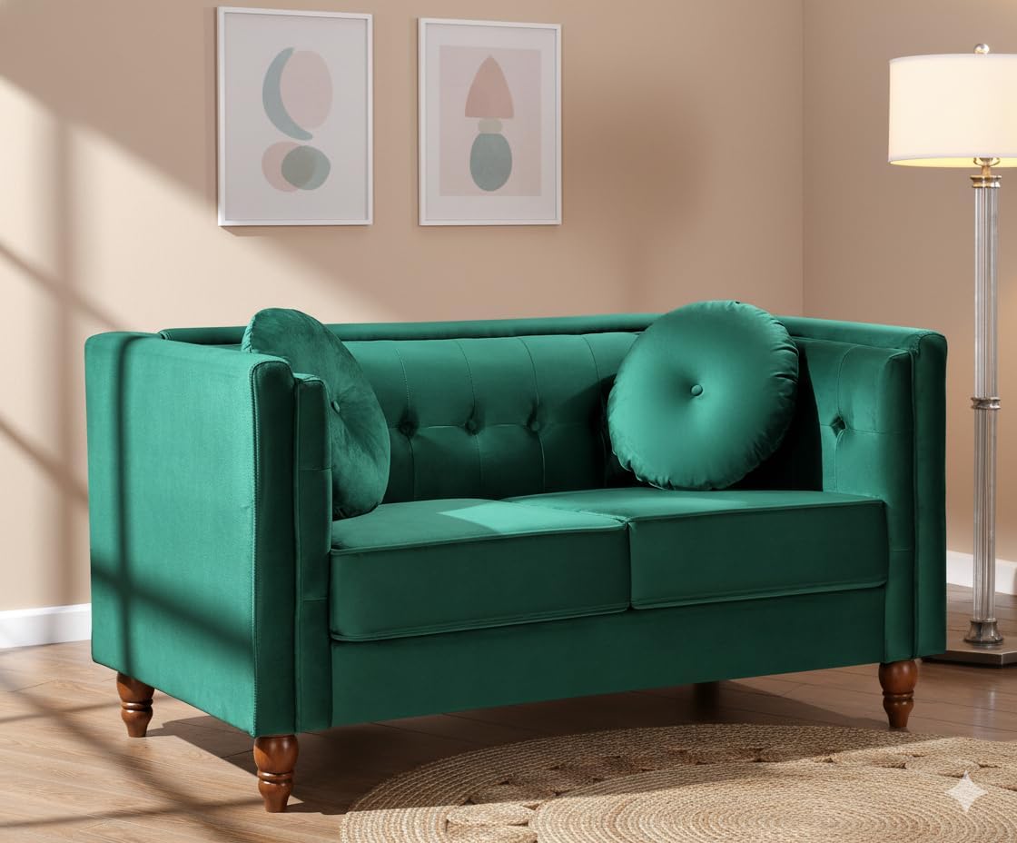 Container Furniture Direct Novara Velvet Mid Century Modern Chair Settee Tufted Loveseat Sofa Comfy Couch Space Room Decor for Living Room, Bedroom, Apartment, and Office, Green