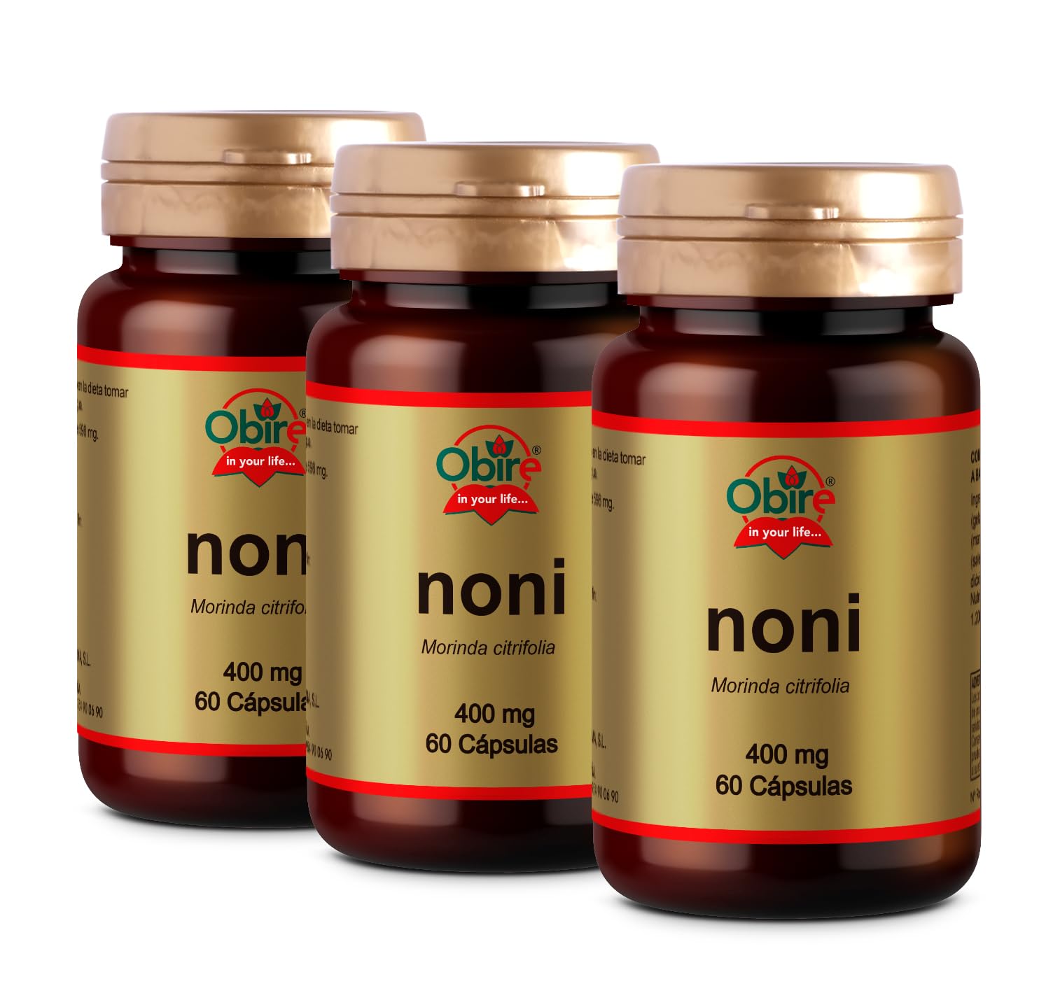 Obire | Noni 400 mg | 60 Cápsulas | Complemento Alimenticio a Base de Planta Natural con Celulosa Microcristalina, Estearato Magnésico Vegetal, Manitol, Dioxido de Silicio y Gelatina | Pack 3 unidades