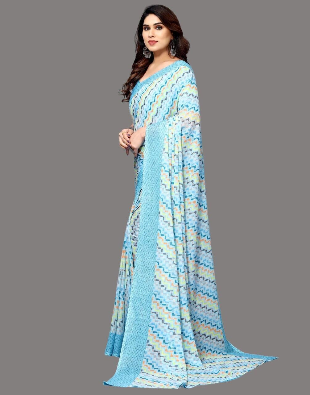 Shiv Textiles Women's Georgette Geometric Saree(250S102_Light Blue)