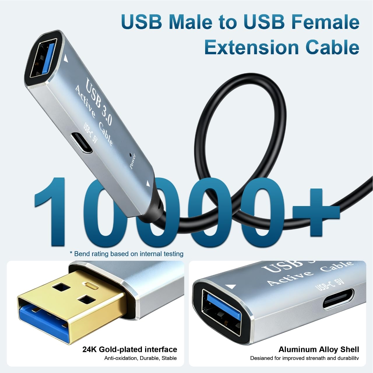 Tan QY Aktives USB-3.0-Verlängerungskabel, Typ A-Stecker auf A-Buchse, Verlängerungskabel mit 2 Verlängerungs-Chipsätzen, Signalverstärker und 1 USB-C-Ladeanschluss, für Webcam, USB-Hub, Kamera