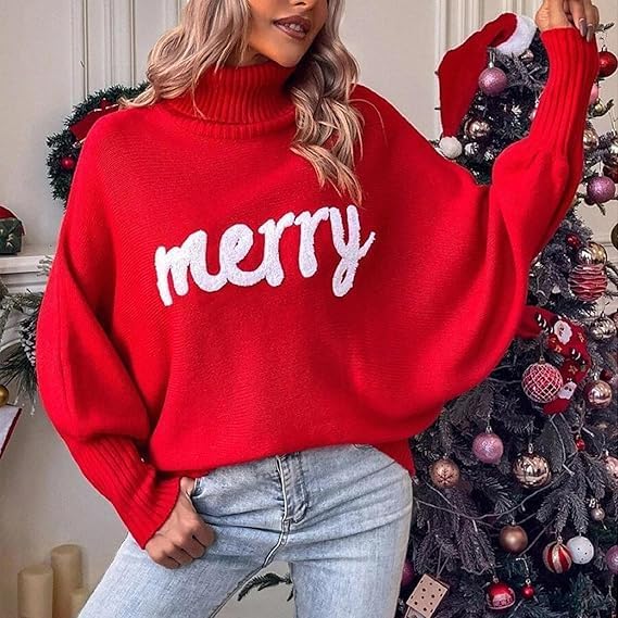 Christmas Sweaters for Women Merry Sweater: Oversized Turtleneck Sweaters 2025 Long Batwing Sleeve Xmas Pullover Tops - Image 2