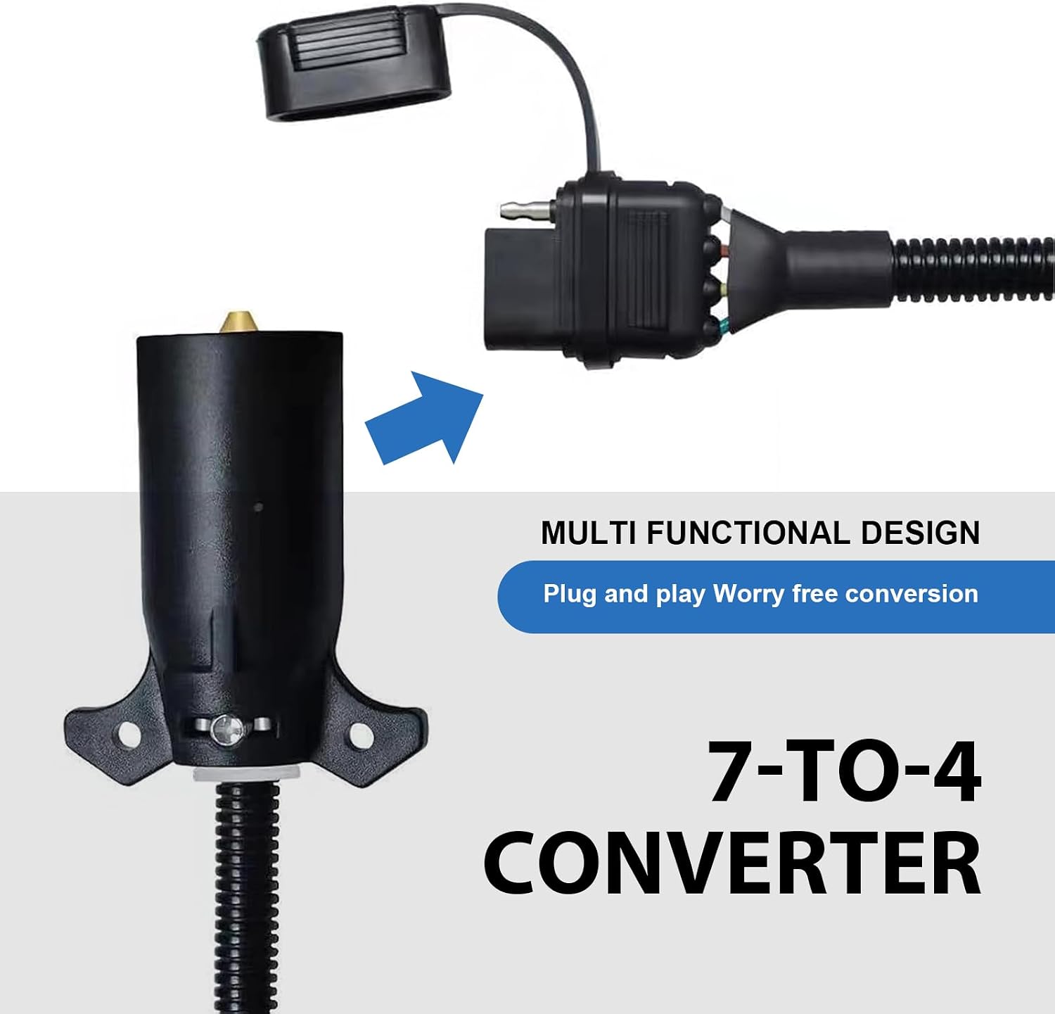 1 PC 7 Way Blade to 4 Way Flat Trailer Adapter, Single Function 7 Way Round to 4 Pin Wiring Connector, Car Plug Cord Accessory, Universal for Most RVs, Trailers (Black)