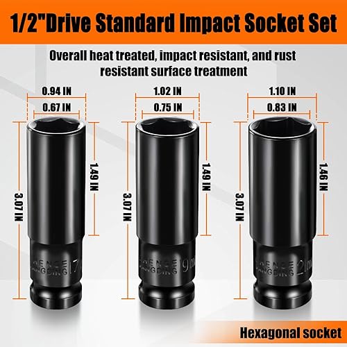 Miniatura 2 de Juego de dados de impacto de 12 pulgada, 3 piezas métricas (17, 19, 0.827 in), juego de llaves de impacto de 6 puntos, juego de llaves de impacto