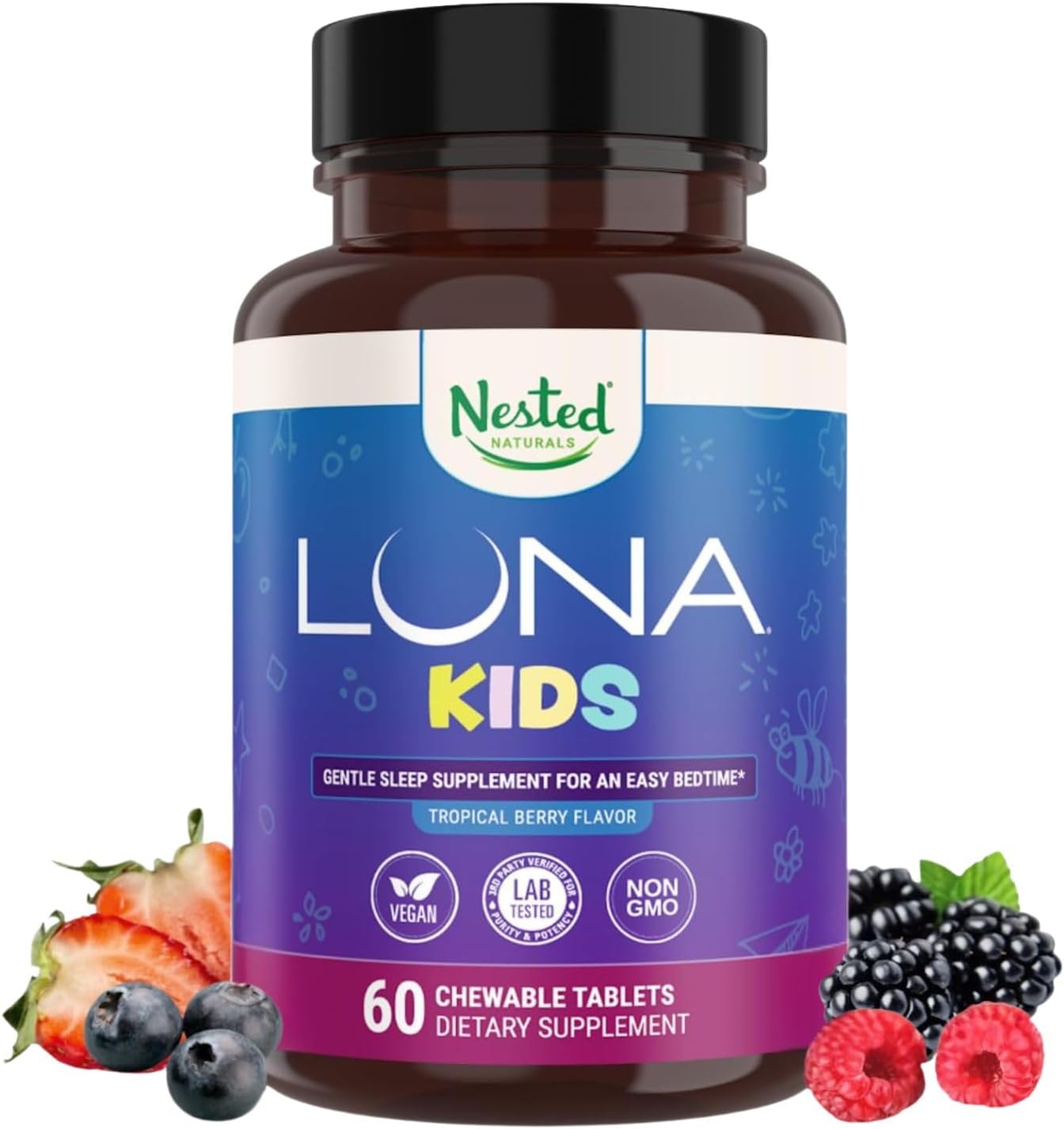Nested Naturals Luna Kids Sugar-Free Sleep Aid Tablets for Children 4+ - Naturally Sourced Ingredients - Herbal Sleep Supplement with Chamomile, Melatonin, Valerian & Lemon Balm - 60 Chewable Tablets
