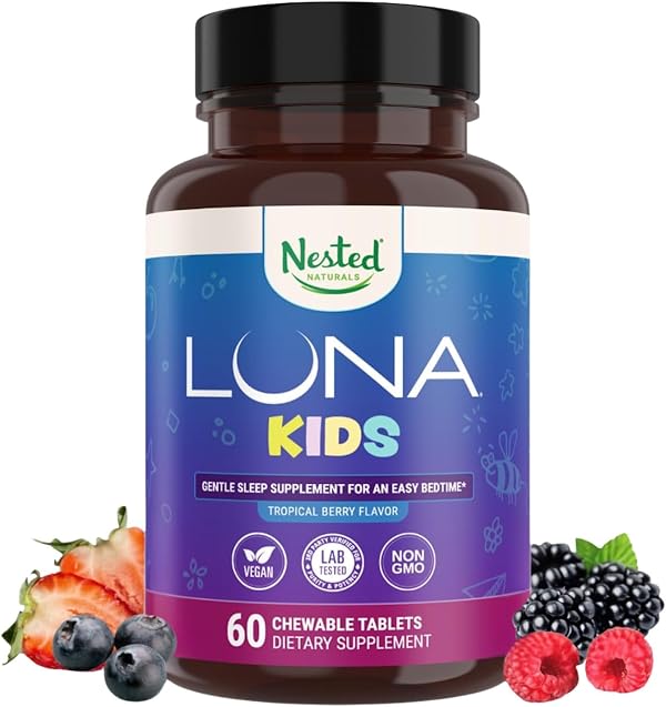 Nested Naturals Luna Kids Sugar-Free Sleep Aid Tablets for Children 4+ - Naturally Sourced Ingredients - Herbal Sleep Supplement with Chamomile, Melatonin, Valerian & Lemon Balm - 60 Chewable Tablets