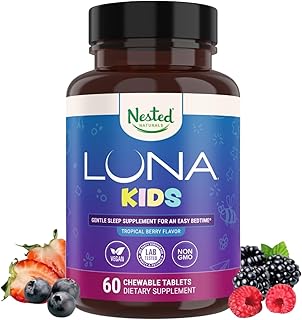 Nested Naturals Luna Kids Sugar-Free Sleep Aid Tablets for Children 4+ - Naturally Sourced Ingredients - Herbal Sleep Supplement with Chamomile, Melatonin, Valerian & Lemon Balm - 60 Chewable Tablets