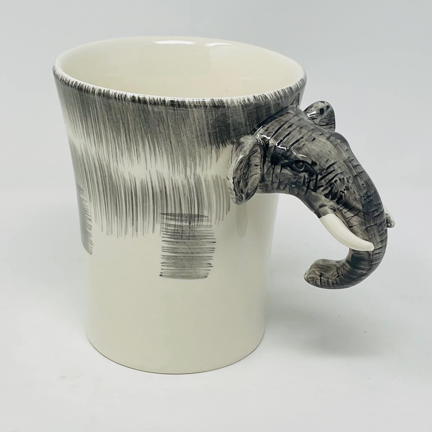 Elephant Sculpted 3D Mug Pier 1 Hand Painted Stoneware White & Gray