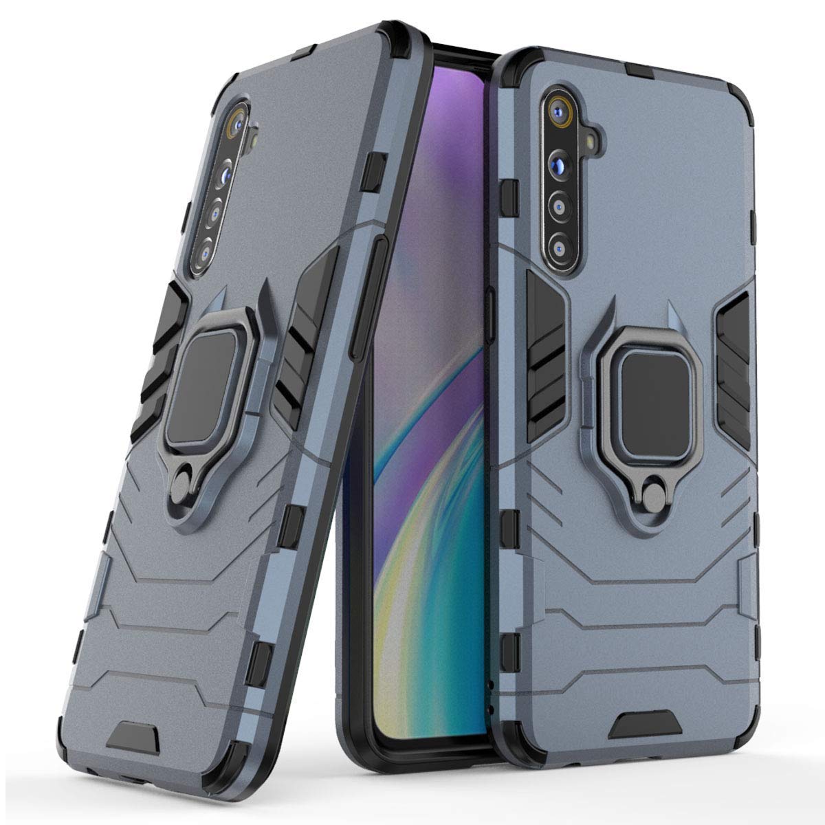Armor Shockproof Soft TPU and Hard PC Back Cover Case with Ring Holder for Realme XT - Armor Grey