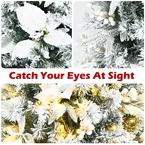 Goflame 5Ft Snow-Flocked Artificial Christmas Tree, Pre-Lit Hinged Pencil Xmas Tree W/ 339 Pine Needles, Pvc & Pe Tips, 180 Led Lights, Snowy Ornaments, Slim Festival Tree For Holiday Decoration #TOP7