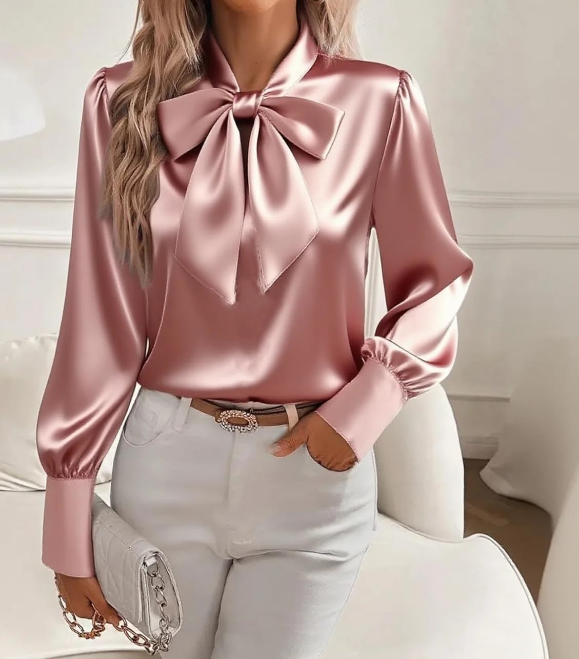 Camicie da donna in raso con fiocco, eleganti camicette di seta a maniche lunghe casual eleganti top da lavoro da donna 2025