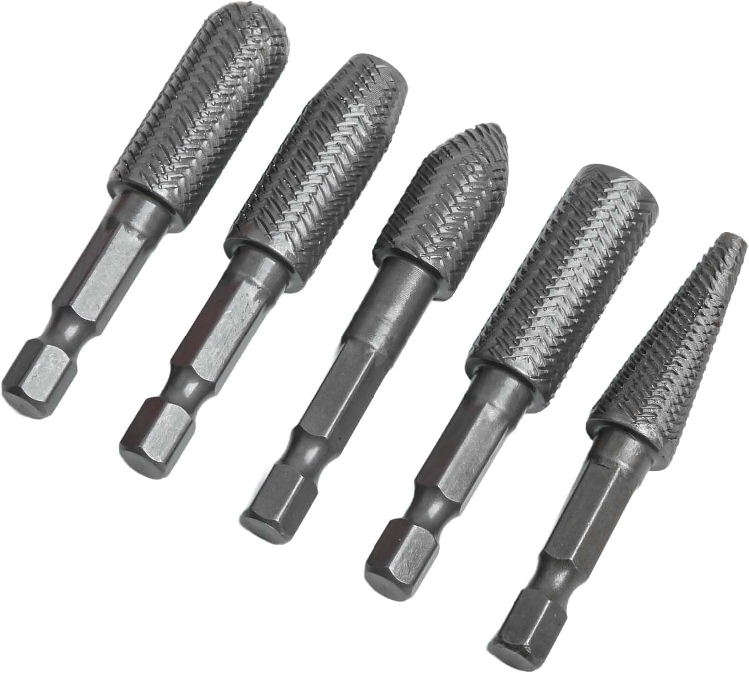 Hex Shank Rotary Steel File for Grinding, Milling and Shaping Metal - 6.35mm (1/4") Heat Treated Carbon Steel Burrs - 5 Pack