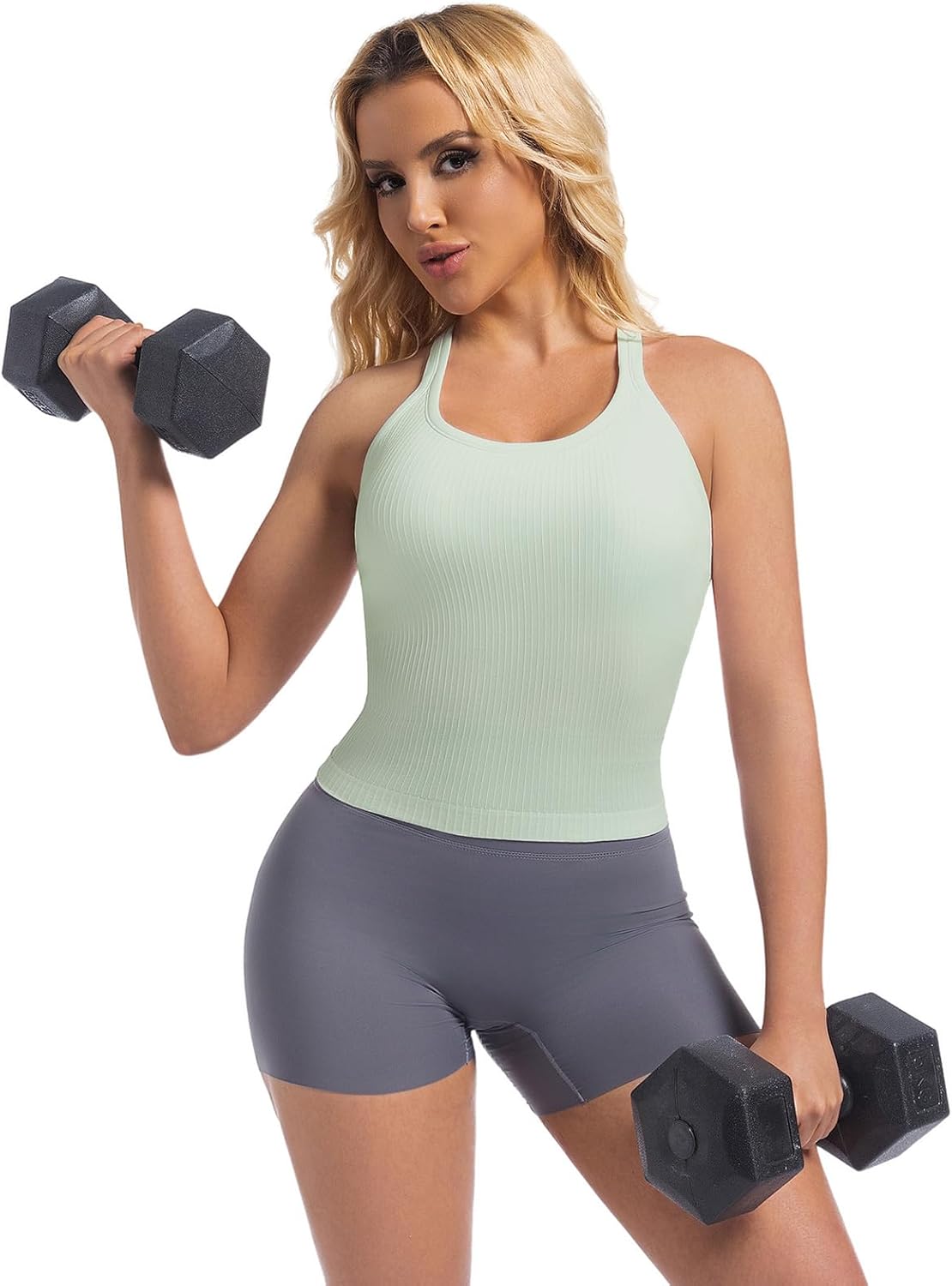 Built in Bra Tank Tops for Women Scoop Neck Longline Workout Tank Top Ribbed Seamless Yoga Racerback Tank Shirts - Image 8