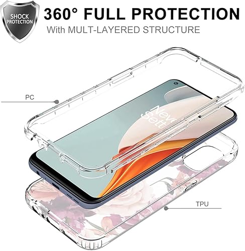 Miniatura 3 de Funda para OnePlus Nord N100 BE2013 con protector de pantalla de vidrio templado, lindo patrón floral transparente de cuerpo completo protector para