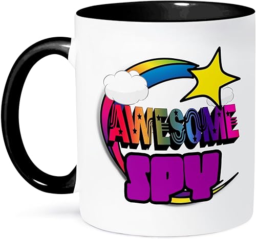 3dRose Shooting Star Rainbow Awesome Spy - Taza de 11 onzas, color negro